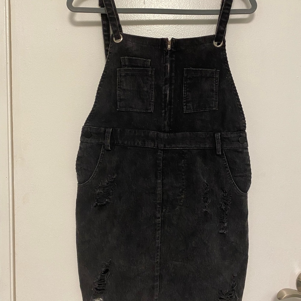 Emory Park Black Ribbed Distressed Corduroy Overall Dress (medium)